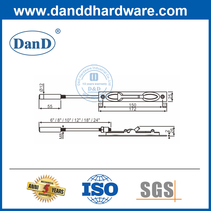 Barra de extensión de acero inoxidable de acero inoxidable Flush Bolt-DDDB011